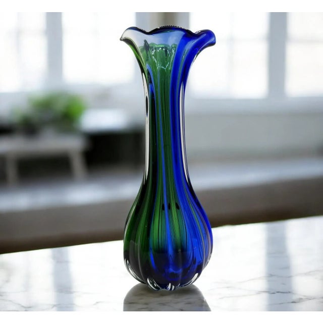 1960s Green and Blue Ribbed Murano Glass Vase, 1960s For Sale - Image 5 of 10