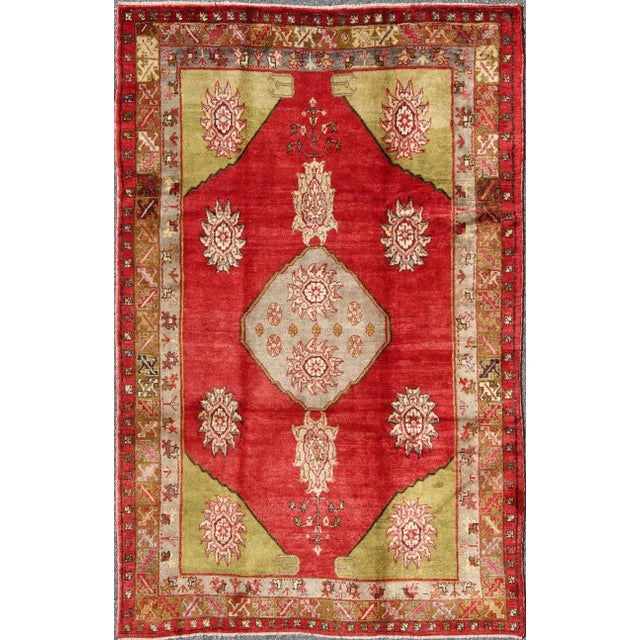 Mid 20th Century Vintage Turkish Konya Rug With Medallion in Red, Lime Green, Gray, Yellow, and Ivory For Sale - Image 9 of 9