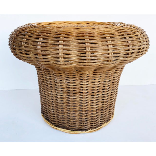 Vintage Woven Rattan Round Ottoman/Pouf or Side Table Offered for sale is a vintage woven rattan side table or pouf...