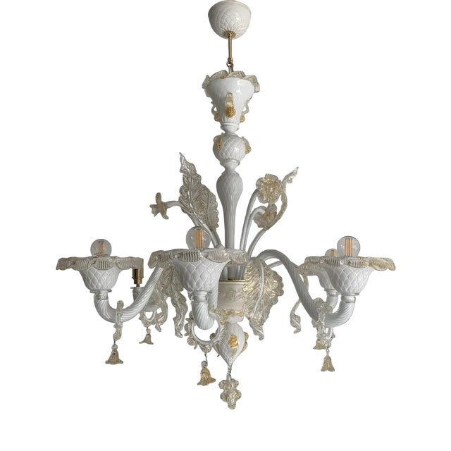 Milky and Gold Murano Glass Chandelier with Flowers and Leaves from Simoeng For Sale