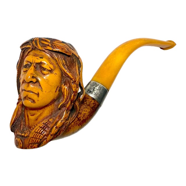 Antique 19th Century Hand Carved Meerschaum Sterling Indian Chief Smoking Pipe For Sale