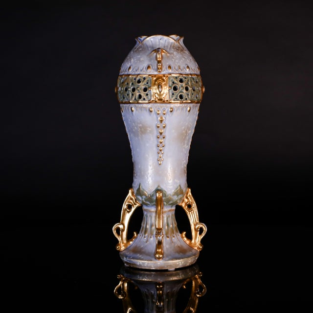 Amphora Amphora Art Nouveau Vase, c.1900, Pierced Blue-Green & Gilt, 13.25-Inch For Sale - Image 4 of 7