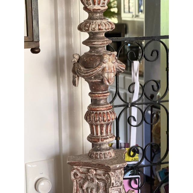 Pair of Monumental Distressed Carved Wood Pricket Floor Candlesticks, 36.5 Inches Tall For Sale - Image 11 of 12
