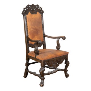 Late 19th Century Swedish Oak Carved Armchair With Vintage Leather For Sale