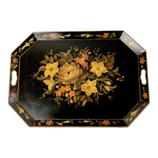 Vintage Hand Painted Floral Tole Serving Tray For Sale