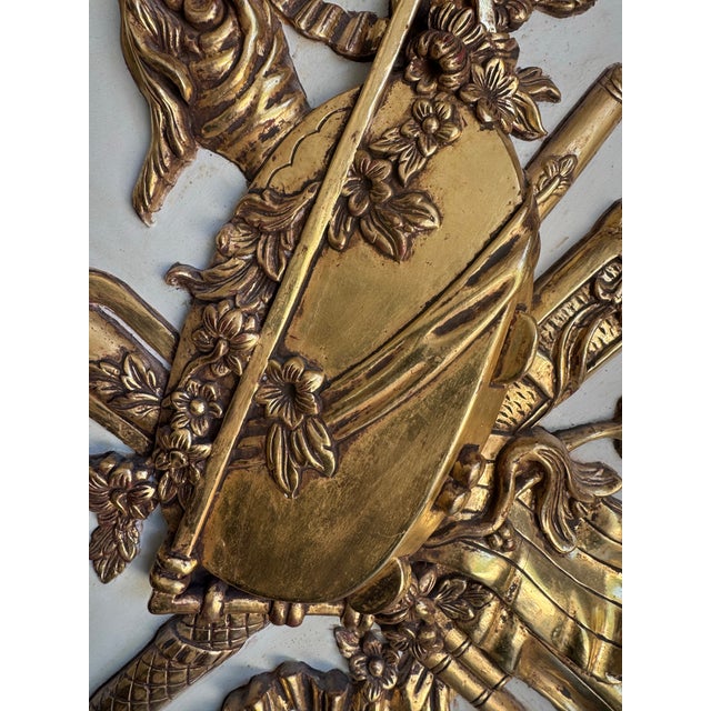 Monumental Newel French Louis XVI Style Painted & Gilt Trumeau Mirror With Musical Trophy Crest For Sale - Image 9 of 9