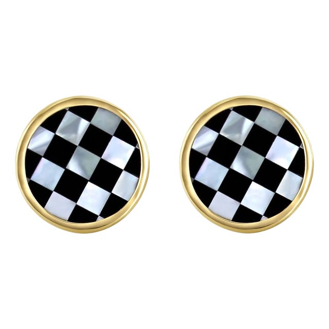 Checkered Mother of Pearl & Onyx Cuff Links with 14k Yellow Gold Bezel, 2 Pieces For Sale