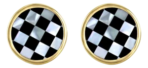 Checkered Mother of Pearl & Onyx Cuff Links with 14k Yellow Gold Bezel, 2 Pieces