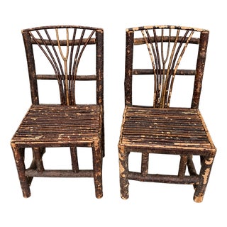 Early 20th Century Pair Adirondack Rustic Twig Fan-Back Side Chairs With Hollywood Provenance For Sale