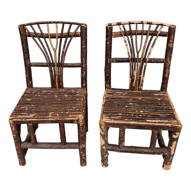 Early 20th Century Pair Adirondack Rustic Twig Fan-Back Side Chairs With Hollywood Provenance For Sale