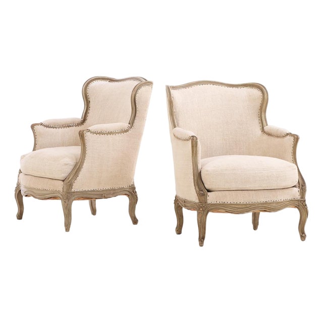Pair of French Painted Bergères With New Upholstery, C. 1900 For Sale