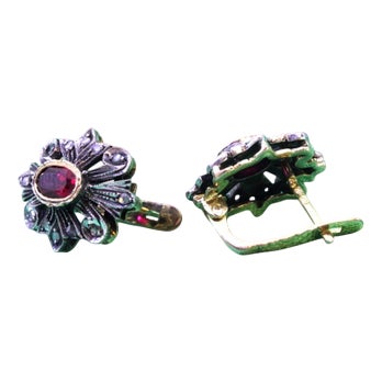 Gold and Silver Earrings with Diamond Chips and Synthetic Rubies, Set of 2 For Sale