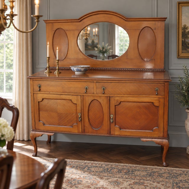 1940s Antique Honey-Brown Wood Buffet With Oval Mirror and Cabriole Legs For Sale - Image 11 of 11