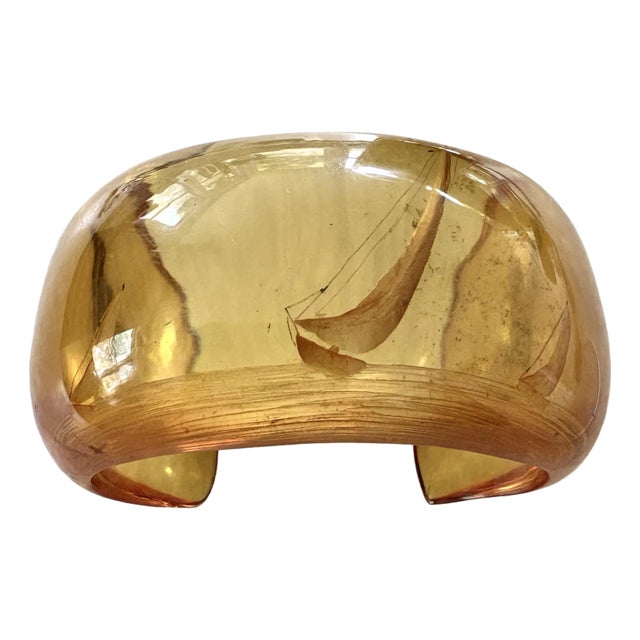 Rare Art Deco Reverse Carved Apple Juice Bakelite Cuff With Ship Etching For Sale