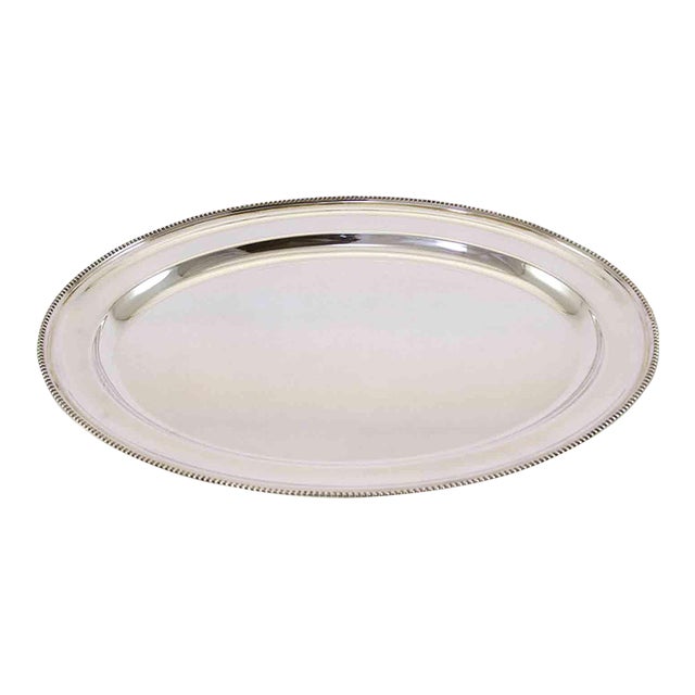 1970’s Vintage/New Silver-Plate Oval Platter With Bead Pattern, Applied Border For Sale