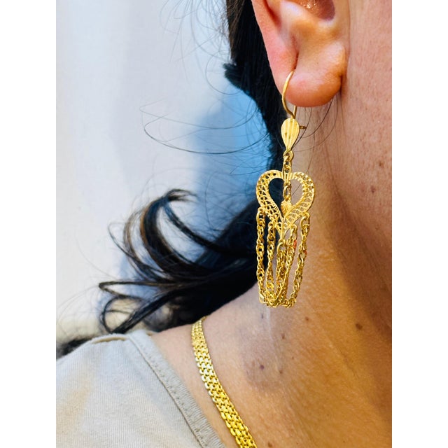 Vintage 21 Kt Yellow Gold 7.5 Gm Heart Dangling Earrings, 2.6 Inch Long For Sale - Image 13 of 18
