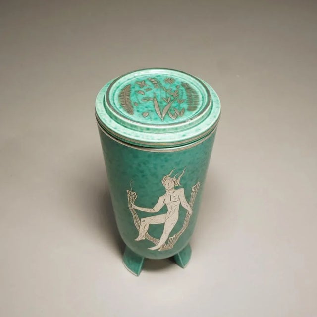 Neo-Classical Lidded Stoneware Vase with Silver Decor by Wilhelm Kåge for Gustavsberg, Sweden, 1930s, Set of 2 For Sale - Image 3 of 8