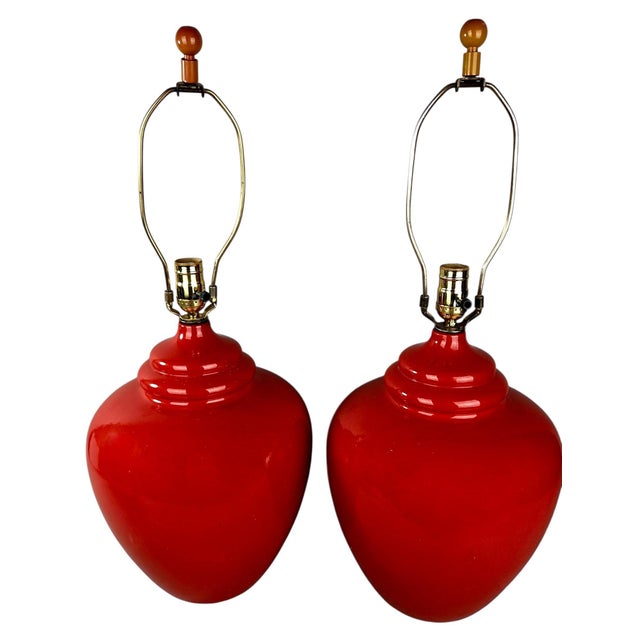 Mid-Century Modern Vintage Royal Haeger Oxblood Red Ceramic Urn Table Lamps - a pair For Sale - Image 3 of 10