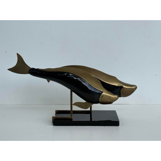 Wood Vintage Brass and Wood Sculpture Depicting Two Fish For Sale - Image 7 of 8