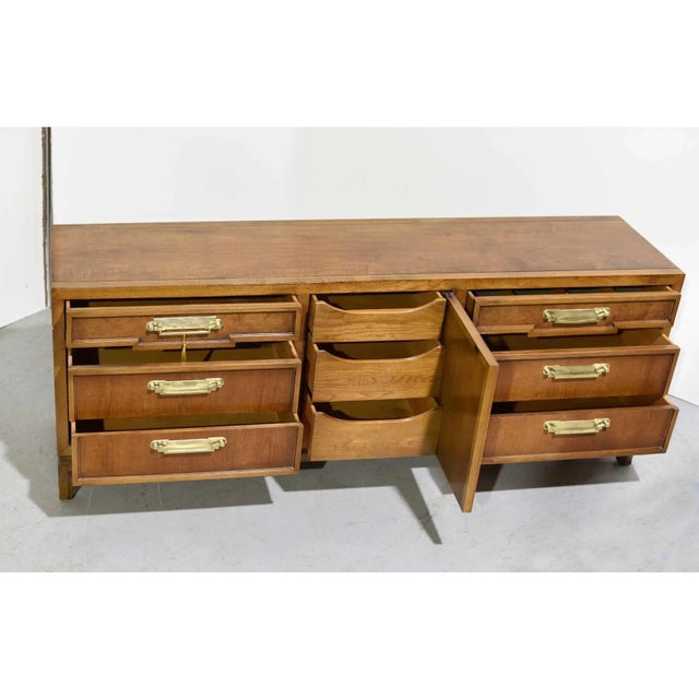 Brass Mid-Century Campaign Style Credenza by Fancher Furniture — 9 Drawers For Sale - Image 8 of 12