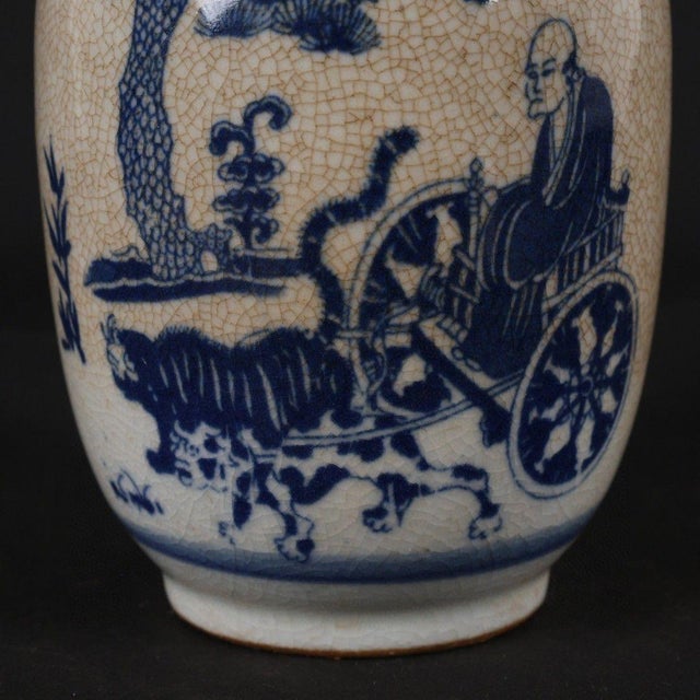 Chinoiserie Crackle Glaze Blue White Guigu Descending Mountain Figural Ginger Jar For Sale - Image 4 of 9