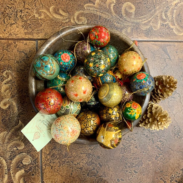 Arts & Crafts Handcrafted Kashmiri Paper Mache Christmas Ornaments | Colorful Hand Painted Floral Tree Decor| Unique Holiday Bauble Set| Festive Bird Gift For Sale - Image 3 of 10
