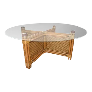 Square Mid Century Bamboo and Rattan X Base Coffee Table With Round Glass Top