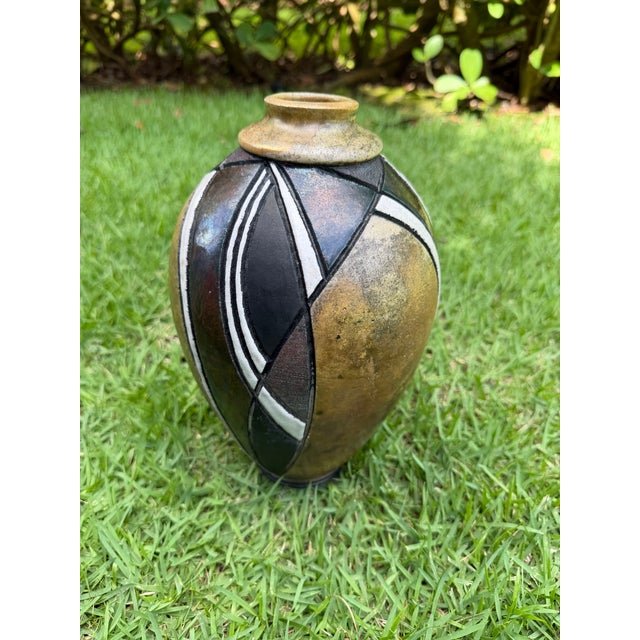 Brown Vintage Signed Raku Studio Pottery Vase With Iridescent Geometric Design, 10” For Sale - Image 8 of 11