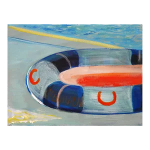 2022 Small Blue and Bright Orange Abstract Contemporary Lifeboat Painting by Moisés Villafuerte