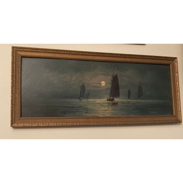 American American 19 Century Maritime Oil painting.This Moonlit Maritime Painting 19century Atmospheric Nocturnal Scene a Style Often Referred to as Nocturne. For Sale - Image 3 of 11