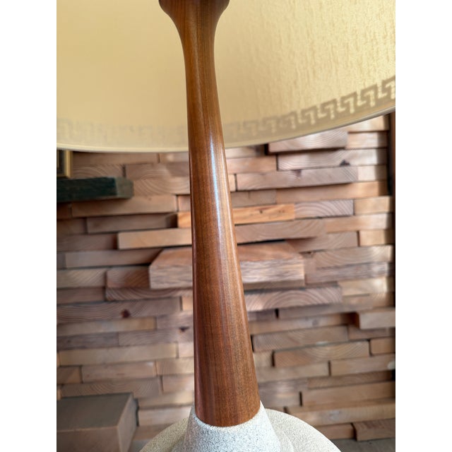 Quartite Creative Corp. 1960s Mid-Century Modern Textured Ceramic & Walnut Table Lamps With Original Tall Drum Shades - Pair For Sale - Image 4 of 12