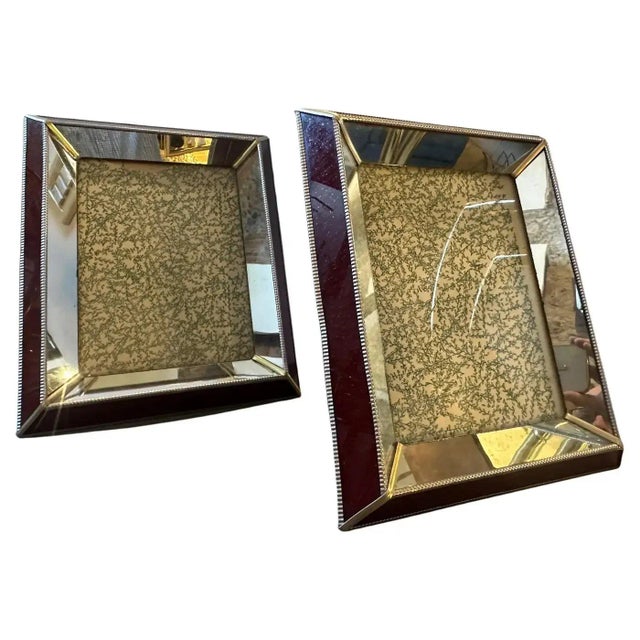 Art Deco Two 1930s Art Deco Brass, Burgundy and Mirrored Glass Italian Picture Frames For Sale - Image 3 of 12