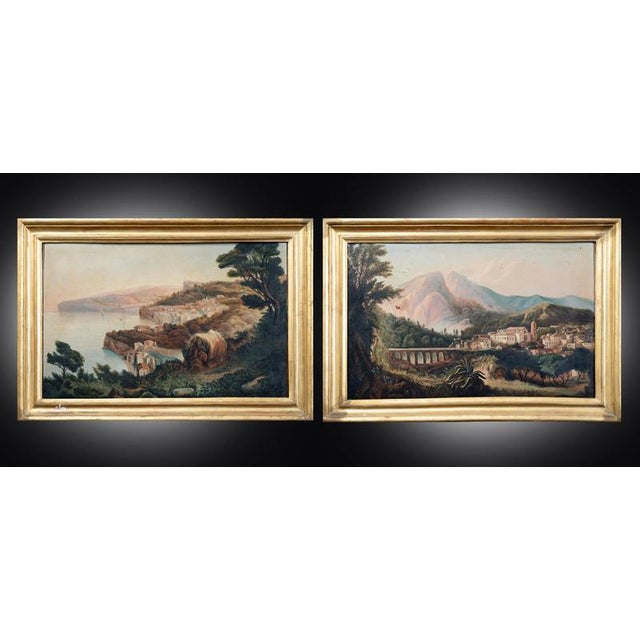 View of the Church of San Francesco in Cava de’ Tirreni and the Sorrento Coast, Naples, 19th Century, Oil on Canvases, Framed, Set of 2 For Sale - Image 5 of 10