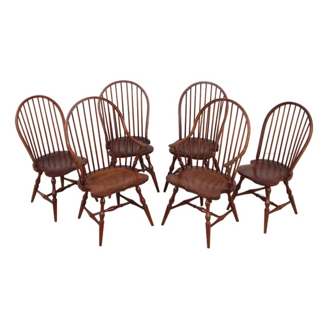 Set of 6 Robert Bergelin Cherry Windsor Style Dining Room Chairs For Sale