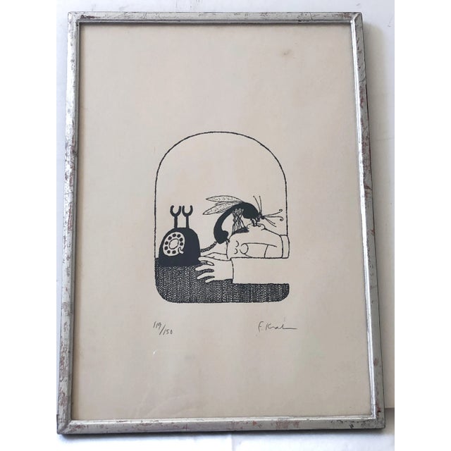 Whimsical bug etching, numbered and signed by unknown artist. Framed in distressed silver wood. Image 119/150. Dimensions...