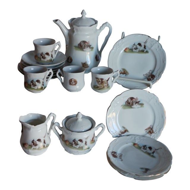 Antique Victorian Tea Set Children's Kittens and Puppy- 7 Pieces C.1880 Complete For Sale