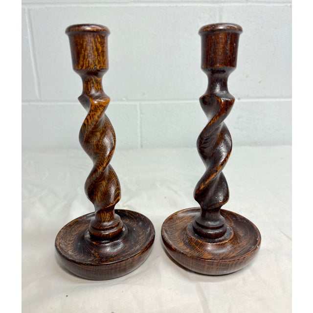 Pair Antique 19th Century Barley Twist English Wood Candlesticks Candle Holders For Sale - Image 11 of 12