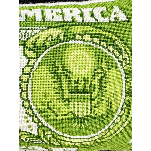 Vintage Hand Sewn Needlepoint Dollar Bill Throw Pillow For Sale In New Orleans - Image 6 of 8