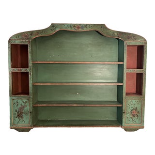 Early 20th Century Painted Hanging Shelf, Green With Floral Motifs, Curved Profile, Architectural Details For Sale