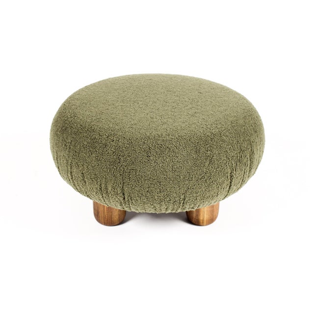 Mid-Century Modern Custom Bolete Ottoman / Footstool — Turned Walnut Legs — Olive Bouclé For Sale - Image 3 of 3