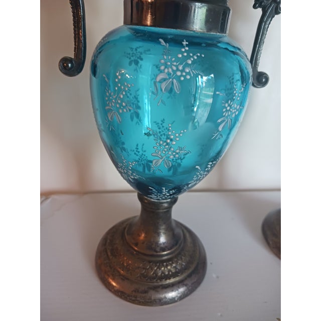 Rare Pair Antique WMF Art Nouveau Blue Glass Vases Silverplate Metalwork c.1900 Blue hand decorated blown ovoid glass most...