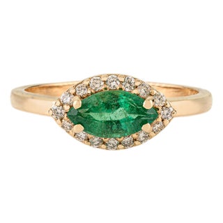 Art Deco High Quality Zambian Emerald Halo Diamond Ring Size 6.5 in 14k Gold For Sale