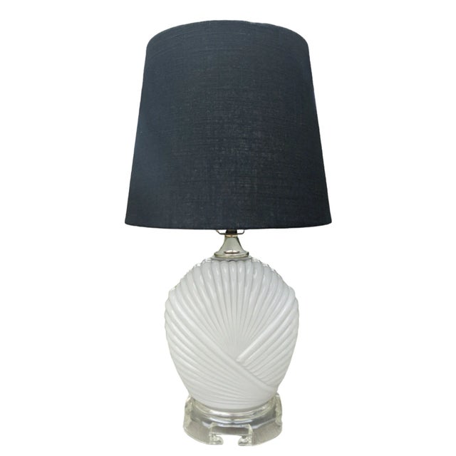 Vintage Postmodern Ribbed White Glass Lamp With Lucite Curved Base For Sale - Image 11 of 11