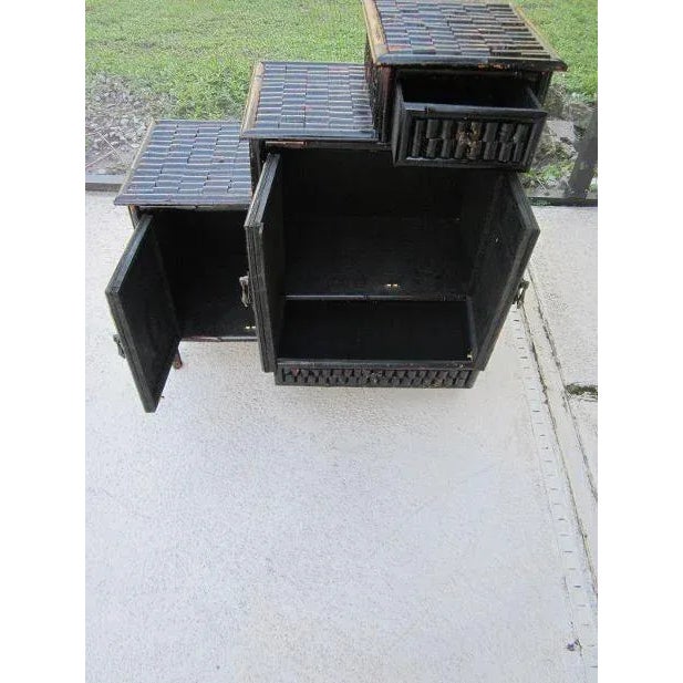 1970s Burnt Bamboo End Table 3 Tier 2 Door and 2 Drawer Dark For Sale - Image 11 of 13