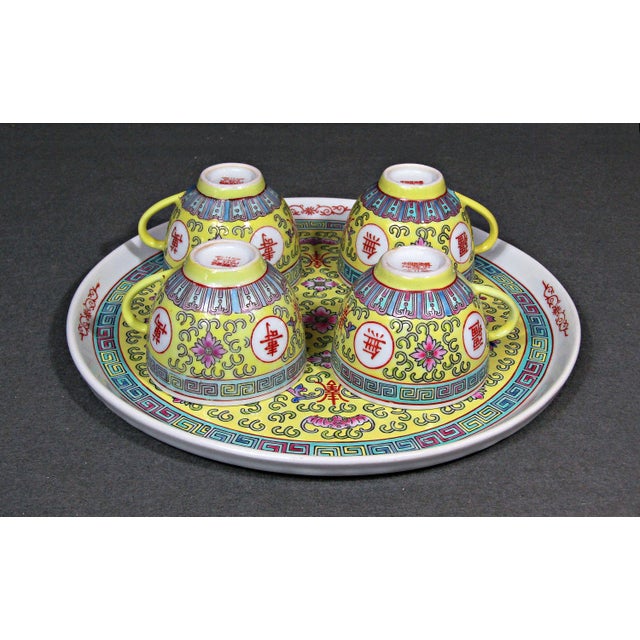 Chinoiserie Vintage Jingdezhen Mun Shou Longevity Tea Serving Set With Tray and 4 Cups For Sale - Image 3 of 12