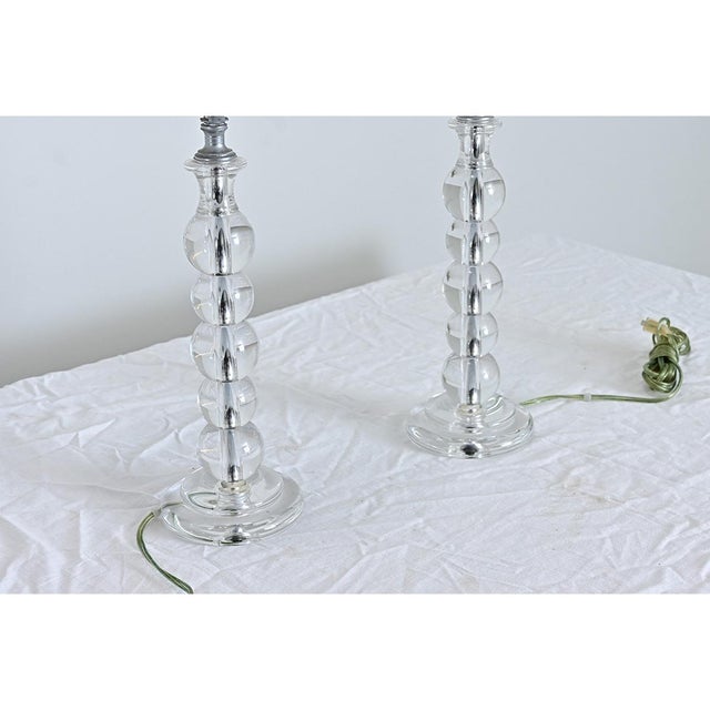 French Vintage Pair of Glass Table Lamps with New Shades For Sale - Image 4 of 6