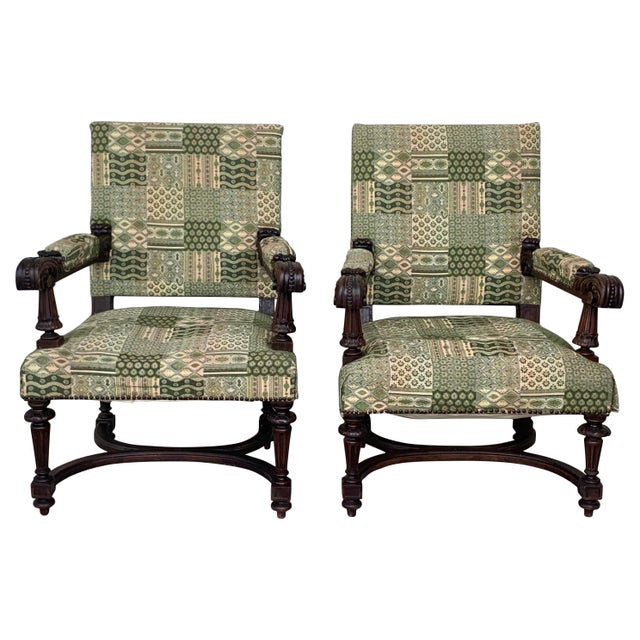 Louis XVI Style Spanish Pair of Carved Walnut Armchairs, 1900s For Sale - Image 15 of 18