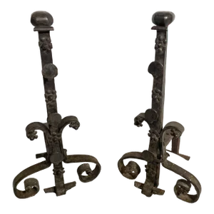18th Century or Earlier Renaissance Blacksmith Made Iron Fireplace Andirons