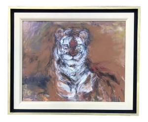 Original Vintage Mid Century Modern Tiger Drawing/Painting Original Vintage Frame