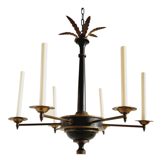Empire Style French Painted Wood & Brass 6-Light Chandelier For Sale